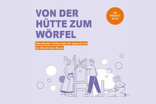 Drei stilisierte Menschen im Comic-Stil haben Werkzeuge in der Hand und bauen einen überdachten Treffort